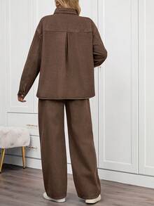 Boho Mama 两件套孕妇休闲日常通勤时尚宽松落肩牛仔外套和阔腿牛仔裤套装，春秋季春夏情人节嘉年华服装通勤度假毕业时尚Y2K可爱街头风性感派对婚礼优雅商务休闲女装高腰阔腿牛仔裤棕色牛仔休闲长裤 - 棕色 - 查看 2