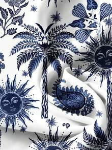 Rusticease 女士蓝白椰树太阳度假印花V领短袖修身衬衫，海边度假休闲衬衫，适合约会、郊游、散步、周年纪念等场合 - 彩色 - 查看 3