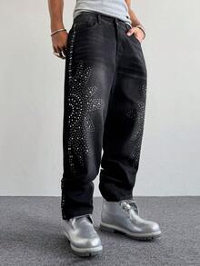 PAVTROS Jeans negros lavados de estilo vintage americano unisex con decoración de diamante de imitación - Negro - Ver 4