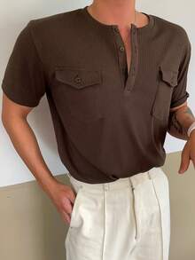DAZY Men's Short Sleeve Pocket Design Half-Placket Crew Neck Brown T-Shirt, Summer - Brown - View 1