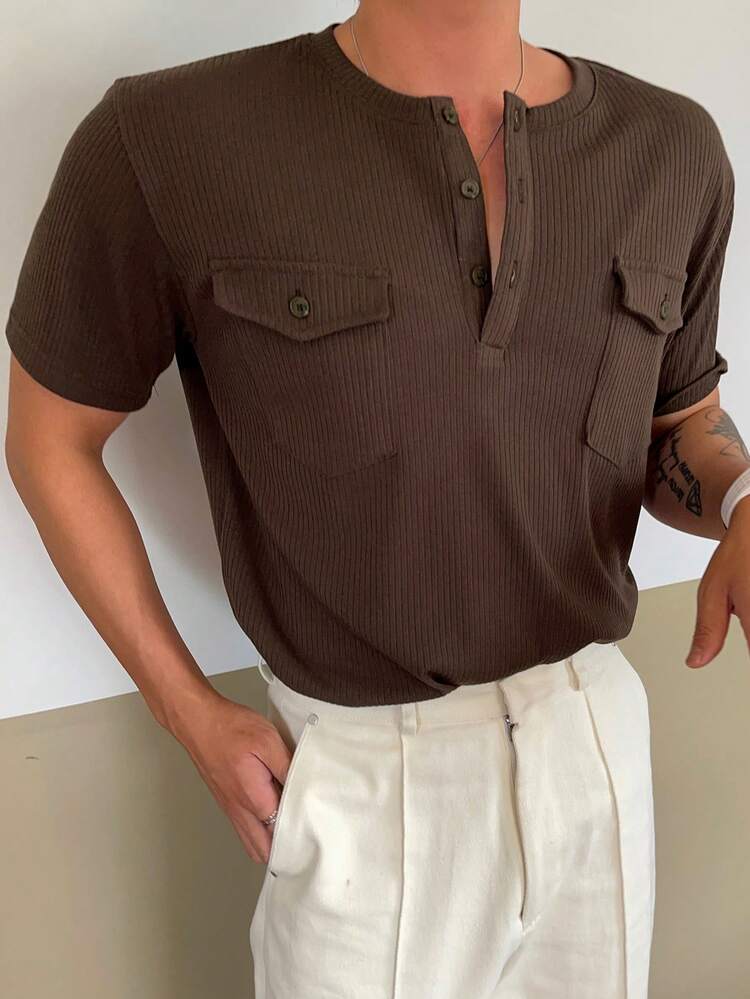 Men's Short Sleeve Pocket Design Half-Placket Crew Neck Brown T-Shirt, Summer