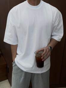 DAZY 男士纯白色圆领短袖T恤，夏季款 - 白色 - 查看 2