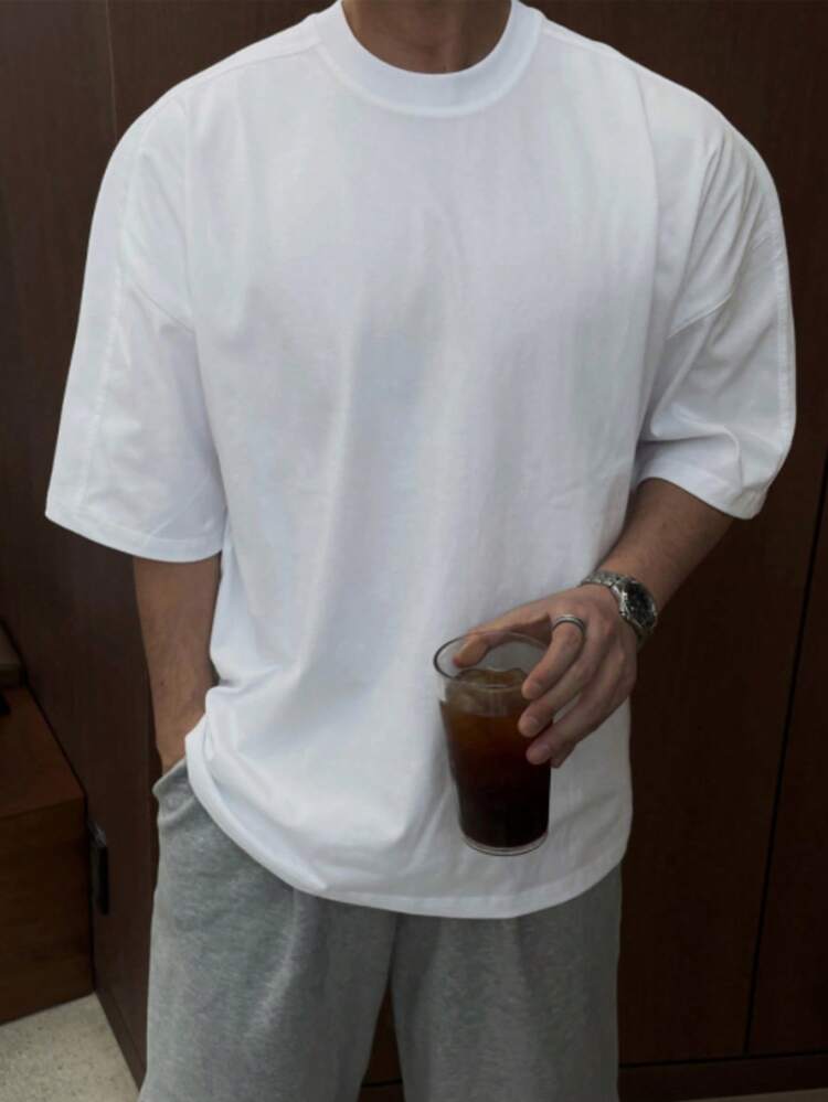 Men's Solid White Crew Neck Short Sleeve T-Shirt, Summer