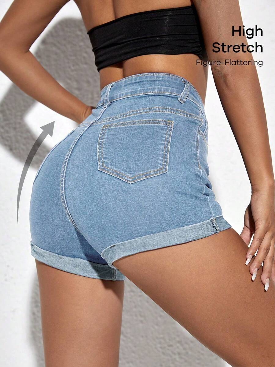 SHEIN ICON 女士夏季休闲时尚街头风日常通勤简约百搭卷边修身牛仔短裤 - 淺色水洗藍 - 查看 1
