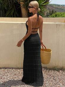 DAZY Vacation Style Tie-Up Halter Dress For Women Backless Maxi Dress Sundress - Black - View 1