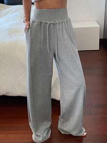 DAZY Women's Solid Color Loose Drawstring Elastic Waist Wide Leg Pants, Casual Sports Trousers For Spring & Autumn - Grey - View 3