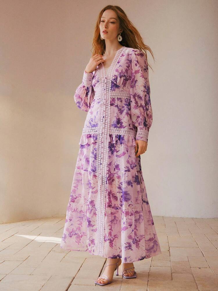 Damen Kleid mit floraler Patchwork-Taille und V-Ausschnitt