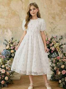 SHEIN 女童纯色泡泡袖立体花卉连衣裙，配腰带，优雅夏季款 - 白色 - 查看 1