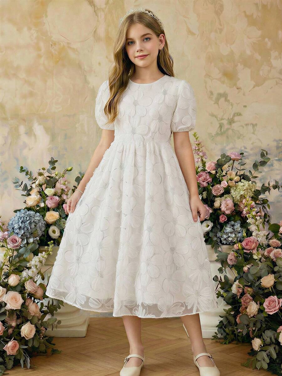 SHEIN 女童纯色泡泡袖立体花卉连衣裙,配腰带,优雅夏季款 - 白色 - 查看 1
