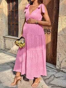 SHEIN 孕妇度假纯色荷叶边下摆打结肩部时尚连衣裙 - 粉色 - 查看 9