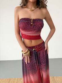 Aloruh Dark Purple Summer Boho Beach Holiday Women's 2 Pieces Skirt Set,Ombre Animal Print Strapless Metal Decor Ruched Top & Low Waist High Slit A-Line Skirt - Multicolor - View 5