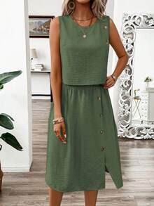 EMERY ROSE Ensemble 2 pièces top sans manches et jupe de couleur unie minimaliste pour femmes - Vert - Voir 4