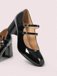 CUCCOO DOLLMOD College Patent Leather High-Heeled Mary Jane Autumn Shoes Round Head Double Buckle With Versatile Thick Heel Single Shoes Femininity Evening Wind Women's Shoes - Black - View 2