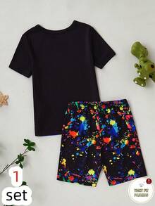 2 piezas Conjunto de pijama para niños pequeños, camiseta de manga corta con estampado de dinosaurio fluorescente y salpicaduras, y shorts elásticos, de tela de punto cómoda, lavable a máquina (1 conjunto se vende por separado) - Multicolor - Ver 2