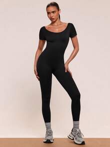 SHEIN BAE Black Backless Scoop Neck Women Capris Jumpsuit Seamless High Elasticity Sportswear  Gym Bodysuit - Black - View 8