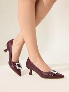 CUCCOO CHICEST 女士纯色尖头水钻装饰优雅高跟鞋 - 棕紅色 - 查看 5