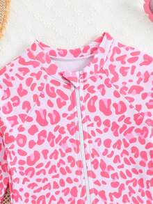 SHEIN 女婴可爱粉色豹纹荷叶边连体泳衣，适合夏季海滩度假 - 粉色 - 查看 3