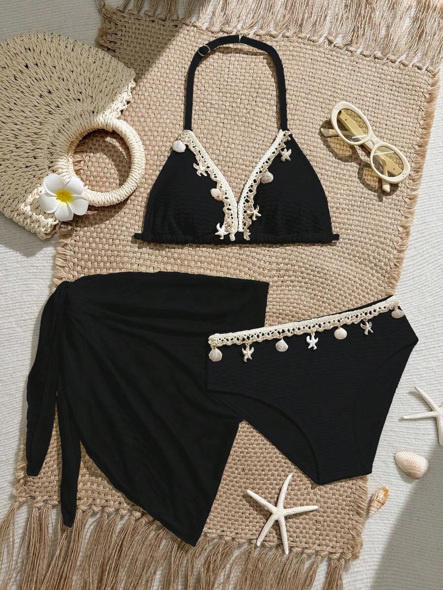 SHEIN 3pcs Girls/Girl Black Series Swimsuit Set, Beach Holiday Party, Spring/Summer - Black - View 1