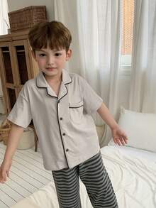 DAZY Young Boys' Contrast Trim Drop Shoulder Short Sleeve Button Front Comfortable Breathable Loungewear - Grey - View 4
