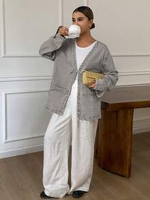 Livesso Women's Lace-Up Loose Denim Jacket, Autumn - Grey - View 4