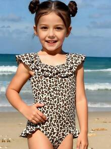 SHEIN Young Girl New Fashionable Leopard Print One-Piece Swimsuit Summer Holiday - Multicolor - View 3