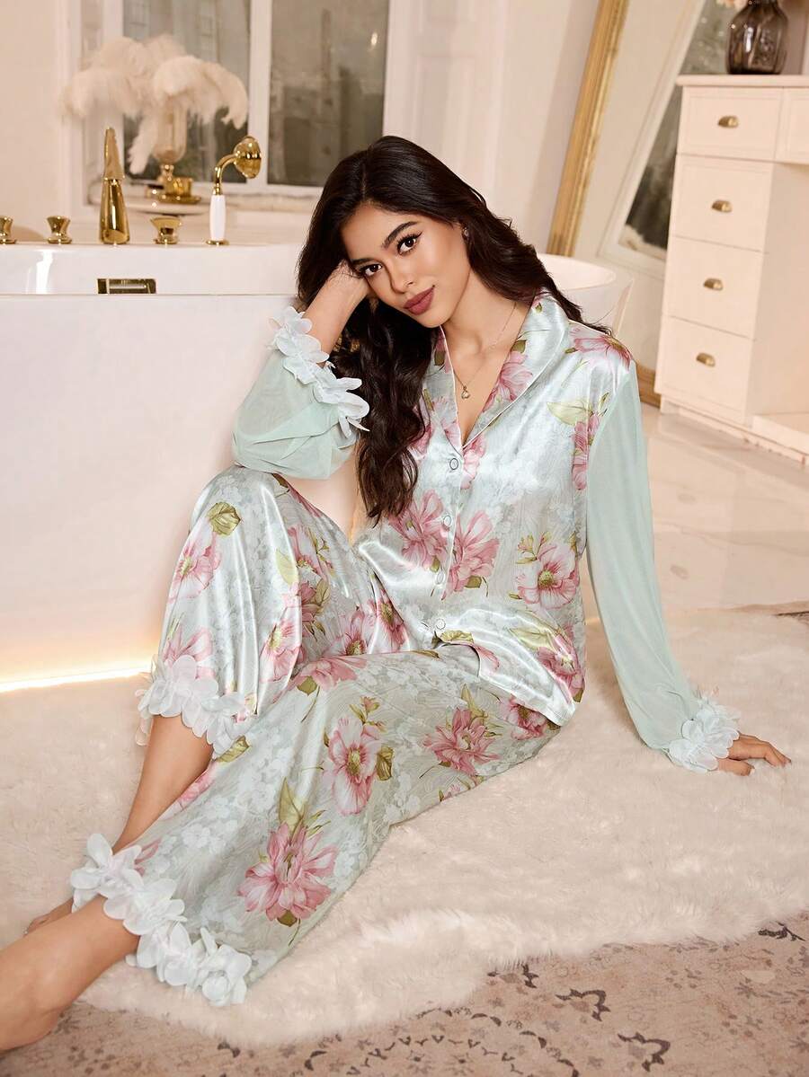 LuxeNights Women's Elegant Floral Print Mandarin Collar Mesh Patchwork Long Sleeve Shirt And Pants Pajama Set, Spring/Summer/Autumn - Multicolor - View 1