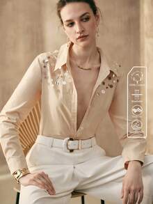 Arave 女士梭织亮片设计休闲约会衬衫 - 杏色 - 查看 1