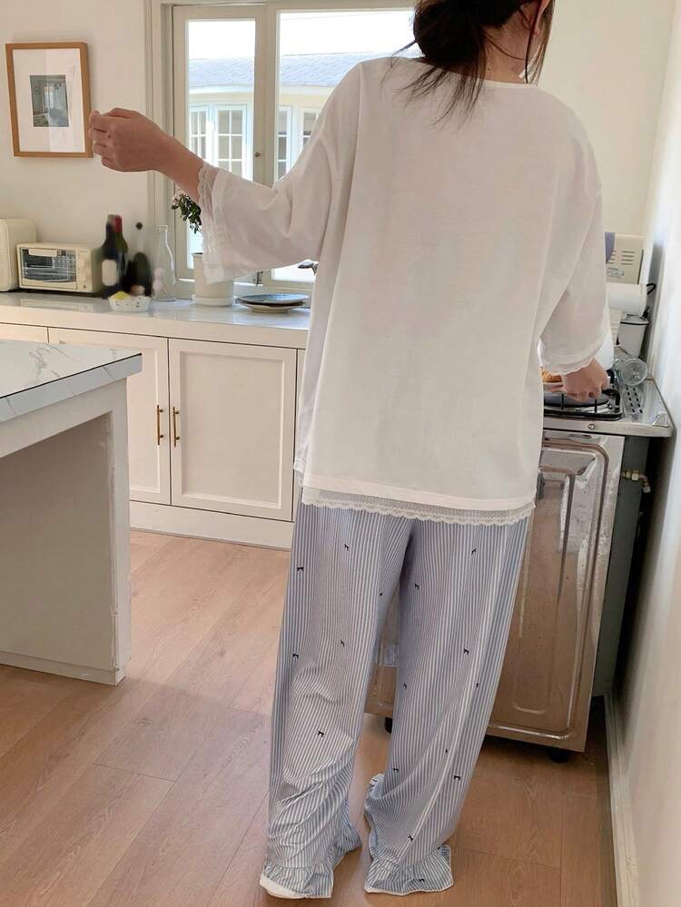 Dazy Plus Plus Size Solid Color Top And Striped Pants Pajama Set