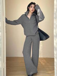 DAZY Women's Casual Solid Color Half-Zip Sweater And Wide Leg Pants 2 Pieces Set, Autumn/Winter - Light Grey - View 5