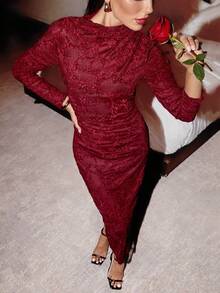 Lavishia Đầm jacquard đỏ ôm sát, viền bèo nhún, thích hợp cho ngày Valentine và những buổi hẹn hò lãng mạn. - Màu Đỏ Sâu - Xem 6