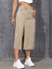 SHEIN ICON Minifalda de mezclilla casual con bolsillo en diagonal y abertura hasta el muslo de unicolor para mujer - Caqui - Ver 6