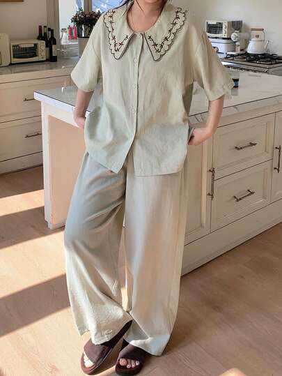 Dazy Plus Plus Size Embroidered Button Front Short Sleeve Top And Pants Casual Pajama Set