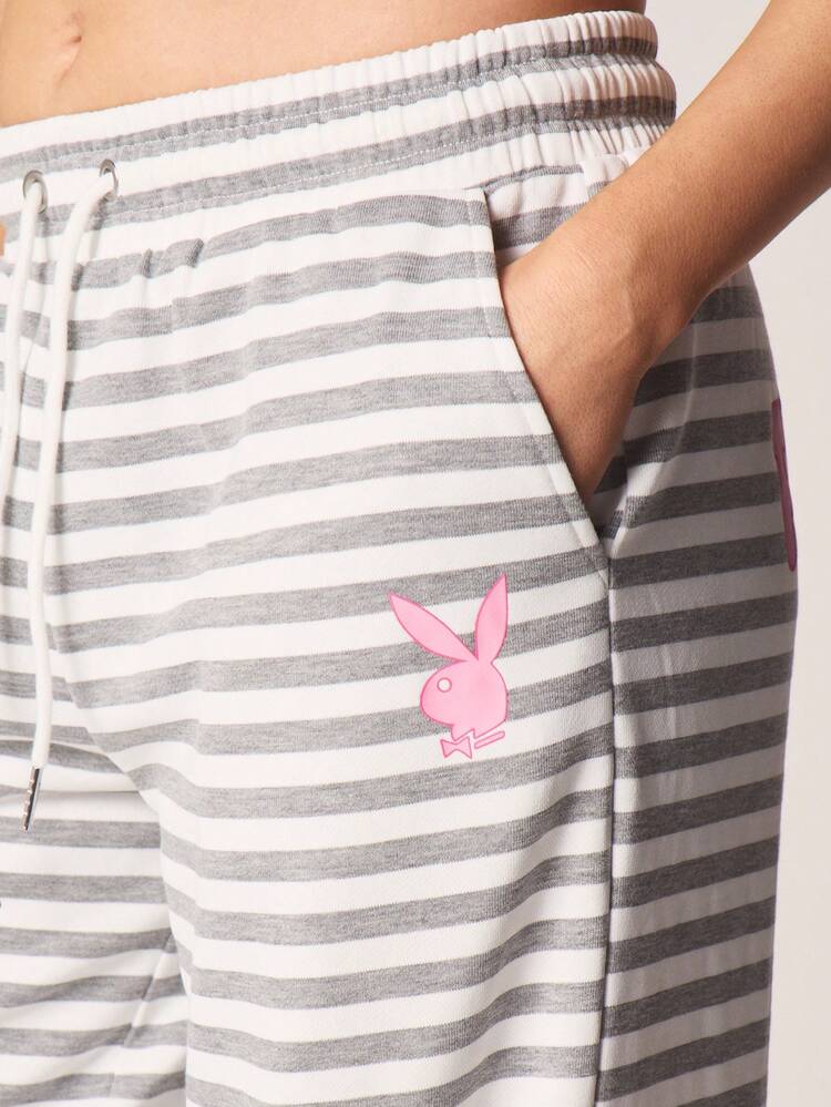 Missguided x Playboy Comfortable Horizontal Striped Wide Leg Jogger Sweatpants With Drawstring Waist And Side Pockets For Loungewear