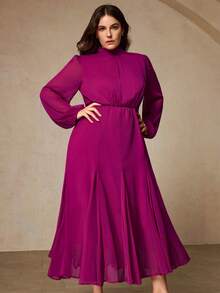 Aveloria Rosie Đầm maxi sang trọng kiểu Pháp bằng lụa giả chiffon, màu trơn cổ điển, phong cách cung đình retro, cao cấp, thanh lịch, dáng chữ A xòe rộng giúp tôn dáng, cổ áo xếp ly với khóa kéo ẩn phía sau, thiết kế cổ cao và tay phồng, lớp lót thoải mái, phù hợp cho mặc hàng ngày, hẹn hò, tiệc tối, kỳ nghỉ. - Màu đỏ tím - Xem 1
