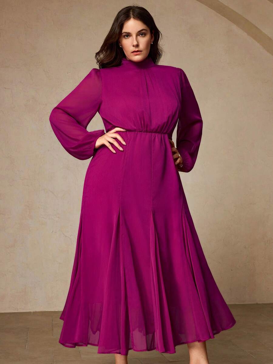 Aveloria Rosie Đầm maxi sang trọng kiểu Pháp bằng lụa giả chiffon, màu trơn cổ điển, phong cách cung đình retro, cao cấp, thanh lịch, dáng chữ A xòe rộng giúp tôn dáng, cổ áo xếp ly với khóa kéo ẩn phía sau, thiết kế cổ cao và tay phồng, lớp lót thoải mái, phù hợp cho mặc hàng ngày, hẹn hò, tiệc tối, kỳ nghỉ. - Màu đỏ tím - Xem 1