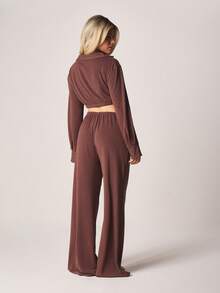 MISSGUIDED Long Sleeve Button Front Crop Shirt With Wide Leg Palazzo Pants Coordinated Set - Brown - View 2