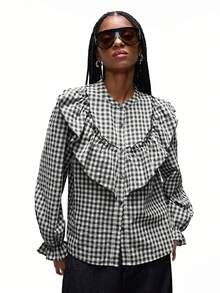 Aveloria GENKIRA Blusa feminina casual de manga comprida, modelagem solta e estilo retrô com gola babada, ideal para o dia a dia. - Preto e Branco - Ver 6