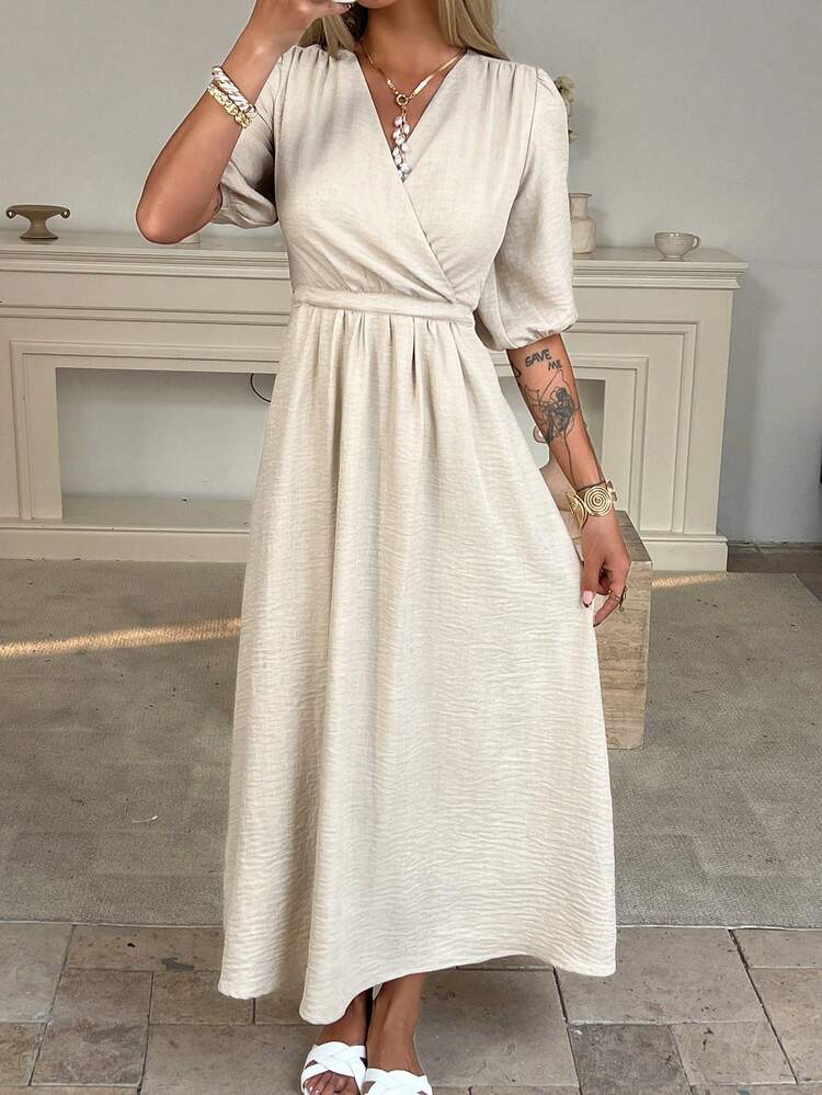 Women's Casual Solid Color Minimalist V-Neck Short Sleeve Midi Dress,Valentine Outfits For Women Sundress