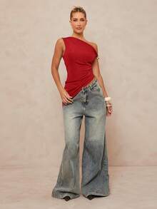 Lumalex Metal Decor Asymmetrical Twist Ruched Bodycon Top For Women - Red - View 4