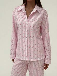 Aloruh Valentine's Day Striped Heart Print Button Front Long Sleeve Top And Pants Pajama Set - Pink - View 6