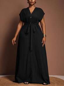 SHEIN CURVE+ 2025秋冬新款百搭日常休闲沙滩优雅大码荷叶边抽绳短袖连衣裙 - 黑色 - 查看 5