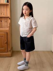 DAZY 女童镂空短袖T恤 - 杏色 - 查看 2