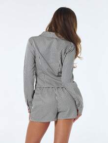 Sweetina 2026 New Arrive Women's Plaid Long Sleeve Button-Up Shirt And Shorts Casual 2 Pieces Set,Spring/Summer - Navy Blue - View 2