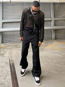 Ngobest Haus Ngobest Haus 透气镂空罩衫，宽松休闲男女通用针织毛衣，韩版圆领套头衫，独特设计长袖oversize毛衣，适合春、夏、秋季穿着 - 黑色 - 查看 1