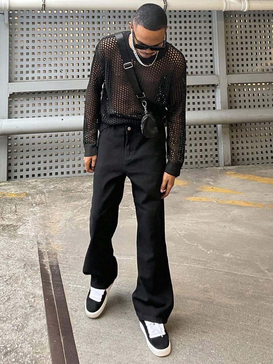 Ngobest Haus Ngobest Haus 透气镂空罩衫，宽松休闲男女通用针织毛衣，韩版圆领套头衫，独特设计长袖oversize毛衣，适合春、夏、秋季穿着 - 黑色 - 查看 1