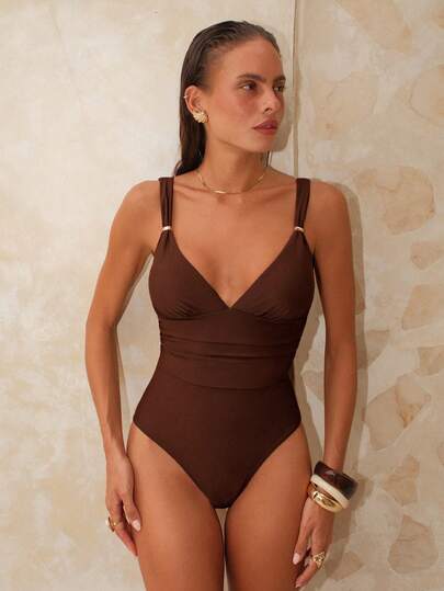 Swim Lushoire Damsemesterstrandsklänning i brunt texturerat tyg med baddräkt