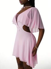 Amplova Đầm ngắn dáng lửng, eo xòe bất đối xứng, màu hồng xuyên thấu, mẫu mới năm 2026. - Hồng - Xem 5