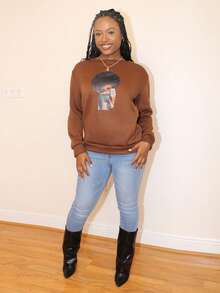 Steph T Character Print Casual Sweatshirt With Round Neck,Long Sleeve Tops Graduation,Back To School Outfits,Graduation,Teacher Outfits For Women,Back To School Pullover Fall Outfit - Coffee Brown - View 5