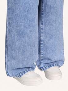 SHEIN Casuvi Kids 少女寬鬆牛仔褲 中洗藍色 返校季夏季街頭風 Y2K 不對稱彈性腰 水鑽裝飾 寬鬆直筒棉質丹寧 - 淺藍色 - 查看 6