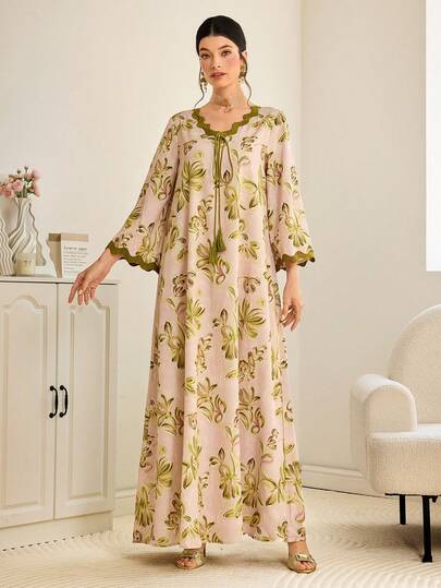 Al Najma Women's V-Neck Loose Tie Waist Long Vintage Arabic Style Dress, Summer